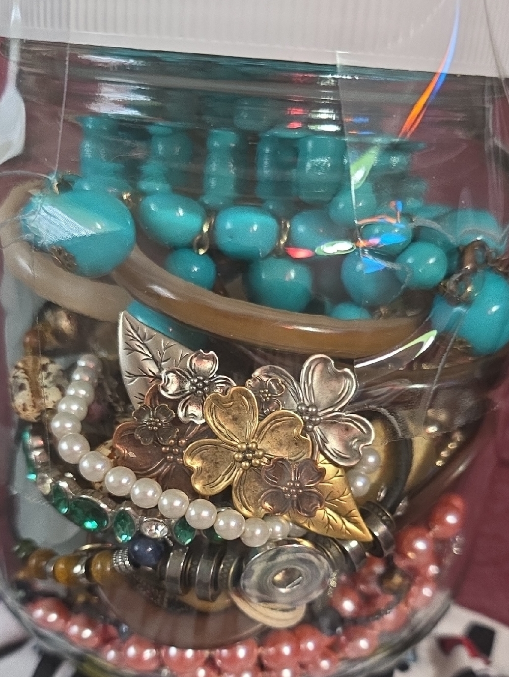 Mixed Bead and Floral Statement Bracelet Stack - Turquoise & Pearl Accents